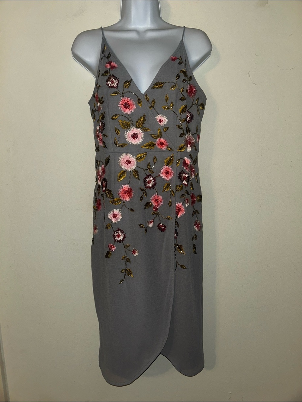 Gianni Bini Gray Floral V-Neck Slip Dress with Spaghetti Straps and Sequins NWT